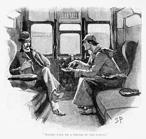 Alicia Rasley-- from Wikicommons-- Sherlock and Watson in first-class by Sidney Paget